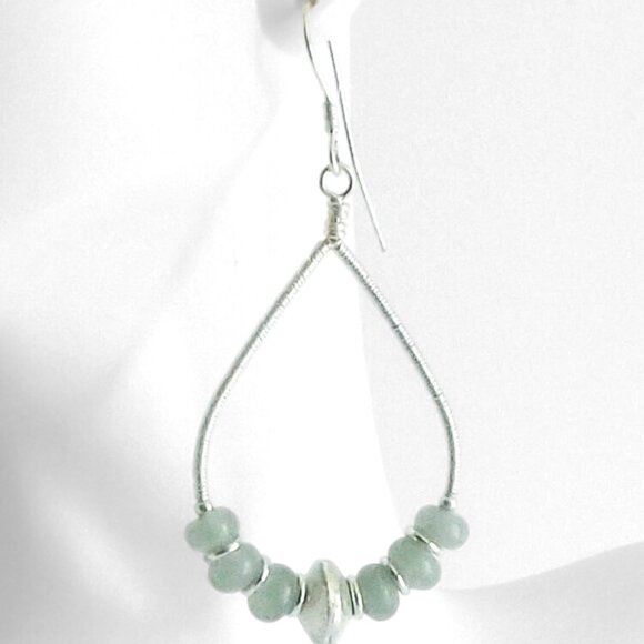 Green Aventurine Silver Wire Wrapped Teardrop Hoop Earrings - Picture 2 of 3